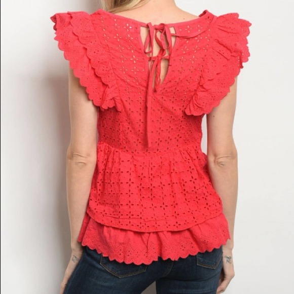 Ruffled Eyelet Top Red V Neck Blouse - Picture 2 of 6